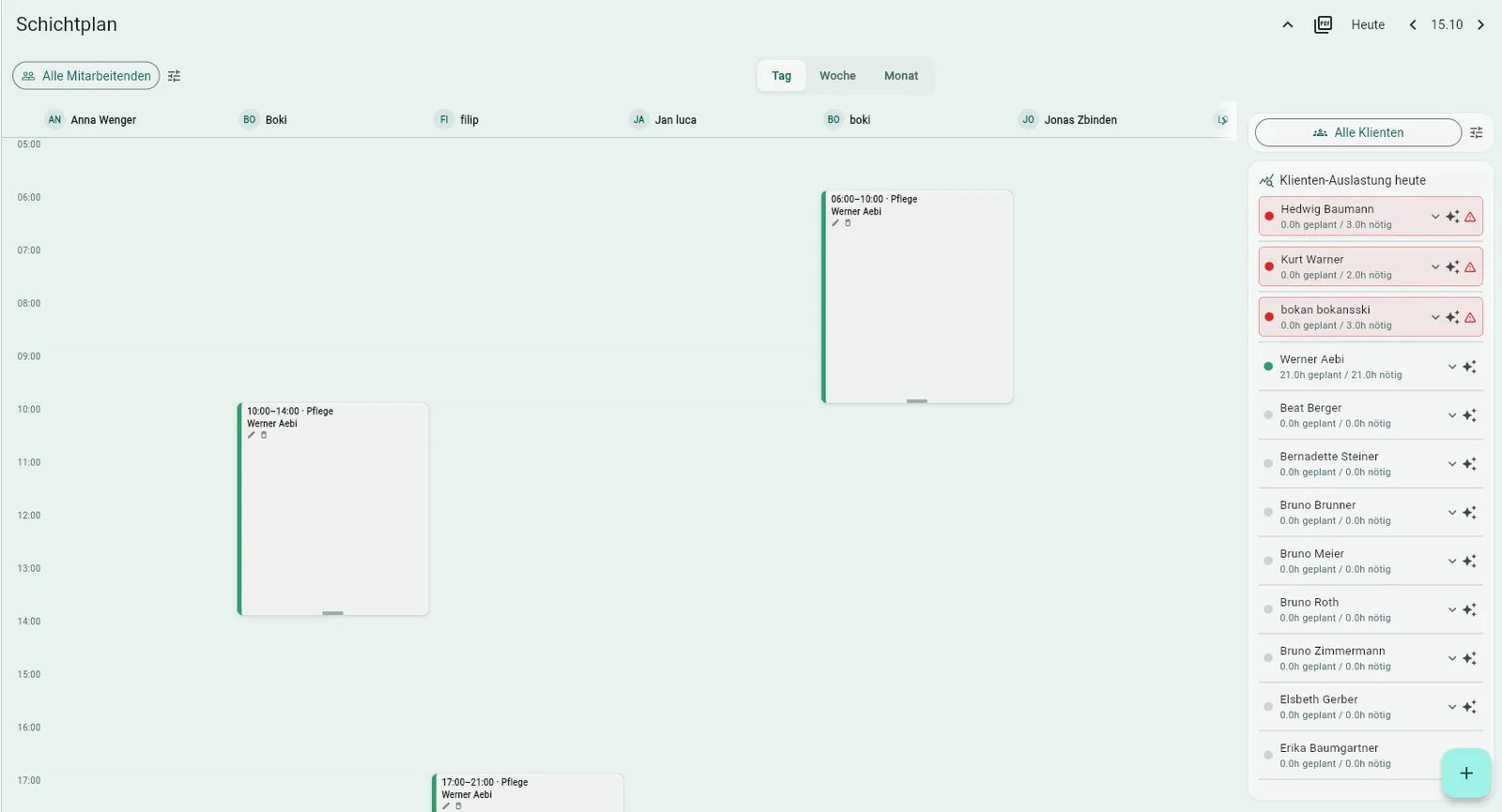 Beispiel: Schichtplan mit Klienten-Auslastung des Tages